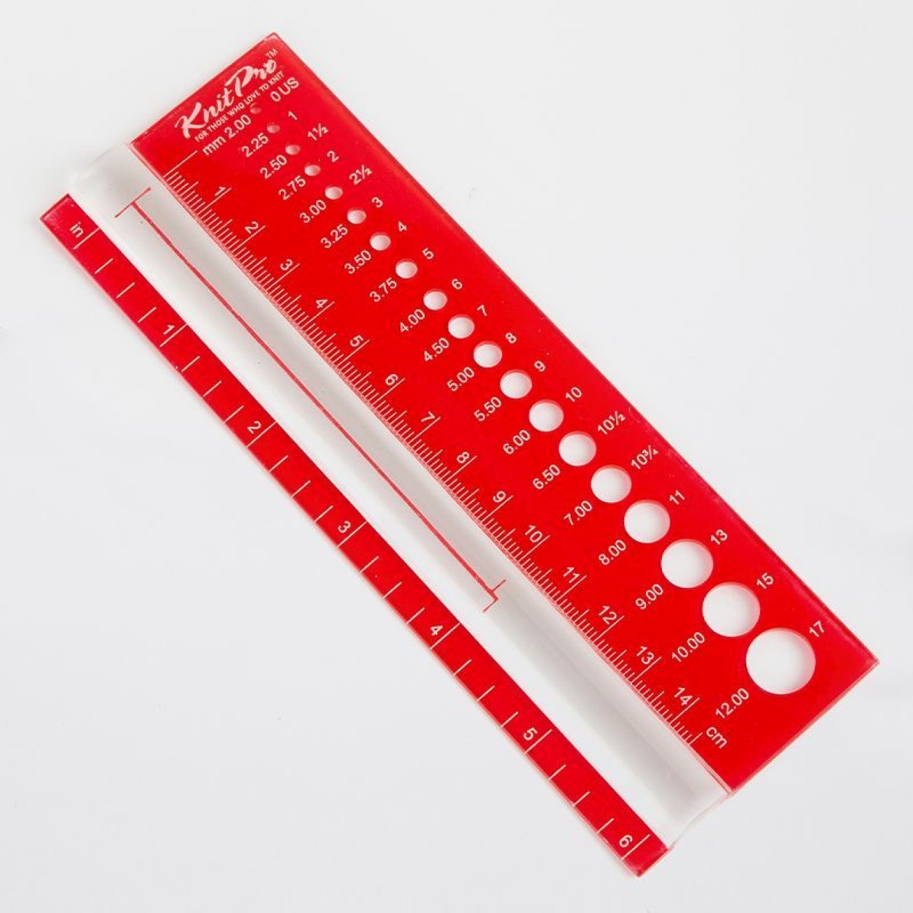 KnitPro needle gauge with Lupe measuring tool
